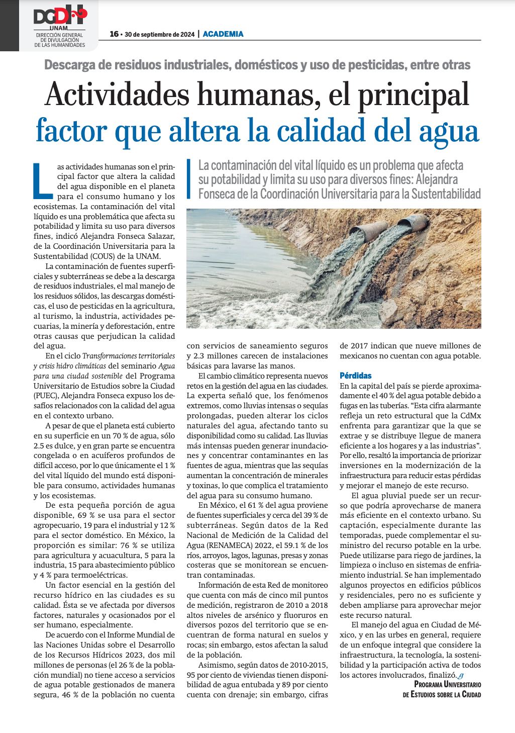 Actividades humanas, el principal factor que altera la calidad del agua