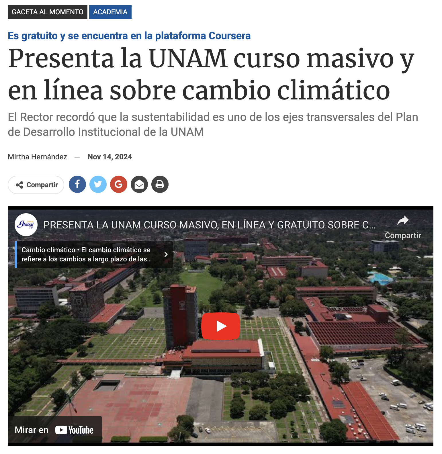 Presenta la UNAM curso masivo y en línea sobre cambio climático 